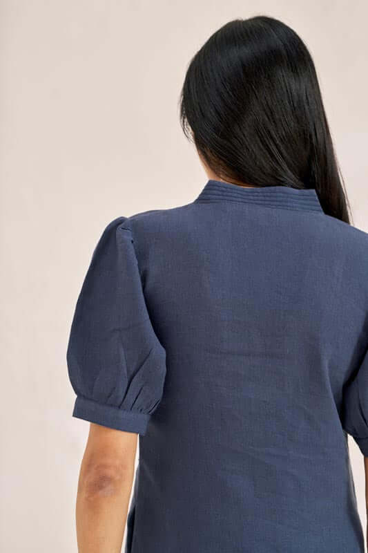 V-Neck Side Slit Dress Navy Blue - Chi Linen