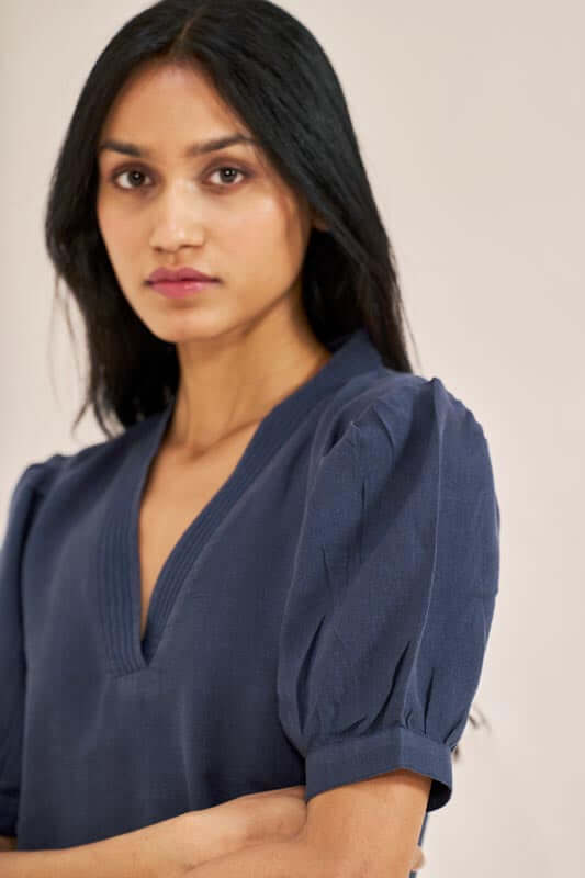 V-Neck Side Slit Dress Navy Blue - Chi Linen