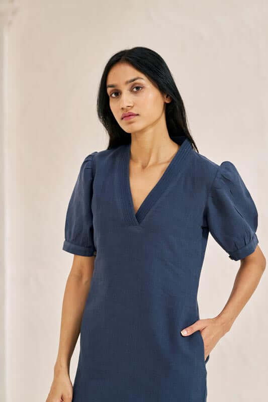 V-Neck Side Slit Dress Navy Blue - Chi Linen