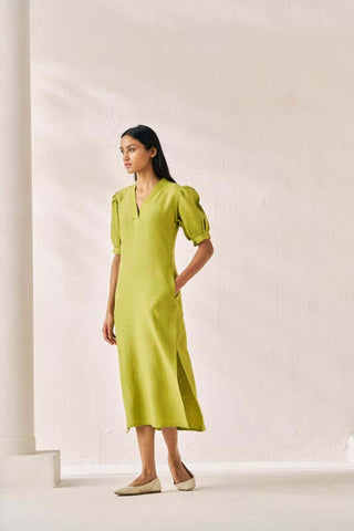 V-Neck Side Slit Dress Kiwi Green - Chi Linen