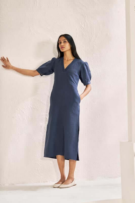 V-Neck Side Slit Dress Navy Blue - Chi Linen
