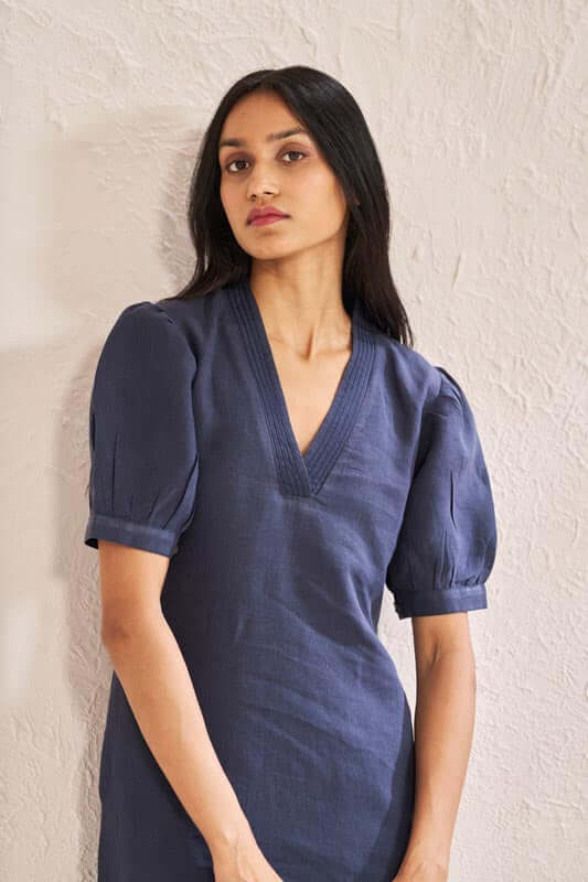 V-Neck Side Slit Dress Navy Blue - Chi Linen