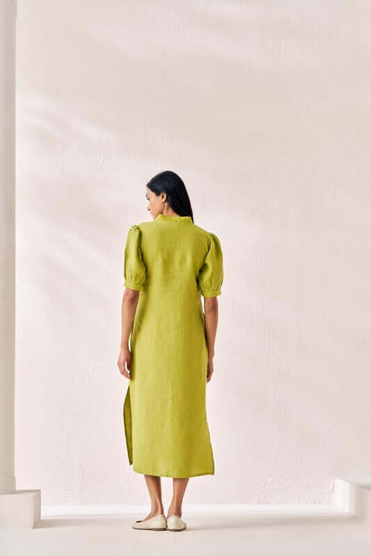 V-Neck Side Slit Dress Kiwi Green - Chi Linen