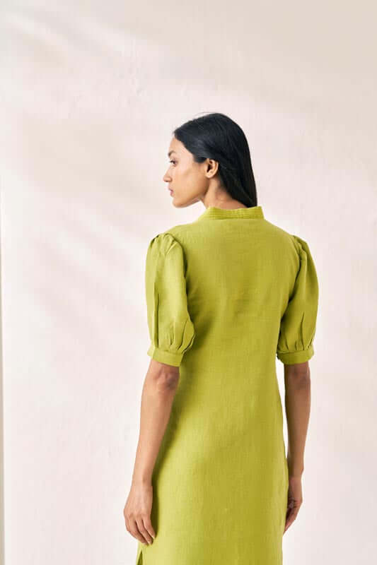 V-Neck Side Slit Dress Kiwi Green - Chi Linen