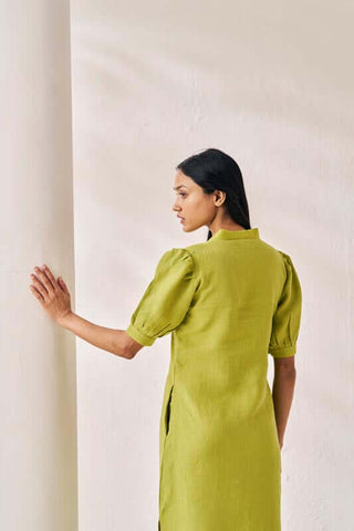 V-Neck Side Slit Dress Kiwi Green - Chi Linen
