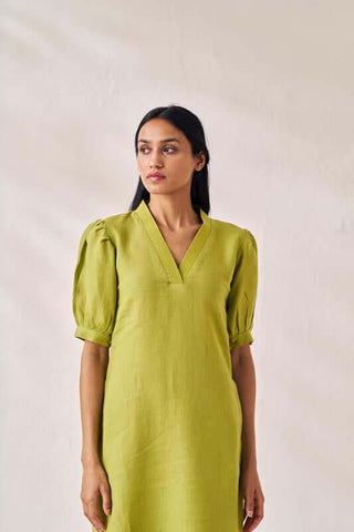 V-Neck Side Slit Dress Kiwi Green - Chi Linen