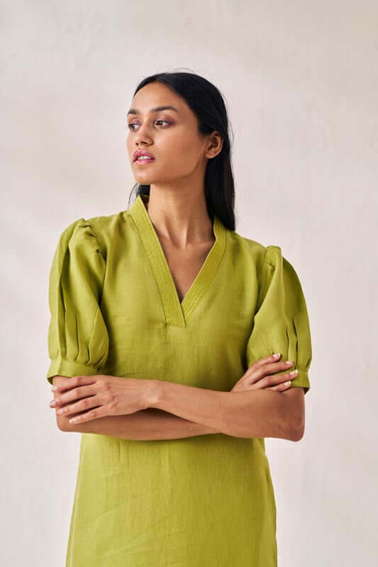 V-Neck Side Slit Dress Kiwi Green - Chi Linen