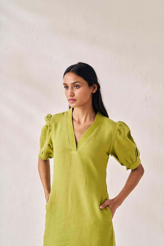 V-Neck Side Slit Dress Kiwi Green - Chi Linen