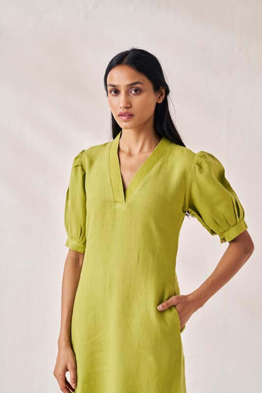 V-Neck Side Slit Dress Kiwi Green - Chi Linen