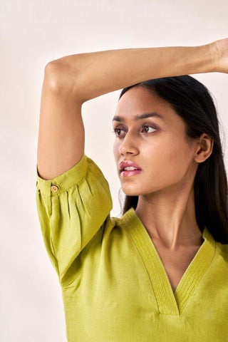 V-Neck Side Slit Dress Kiwi Green - Chi Linen