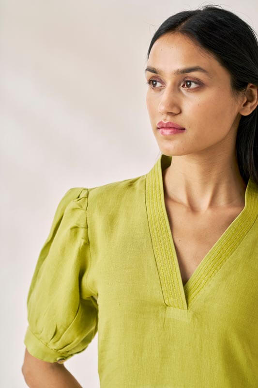 V-Neck Side Slit Dress Kiwi Green - Chi Linen
