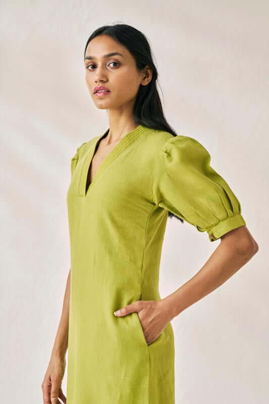 V-Neck Side Slit Dress Kiwi Green - Chi Linen