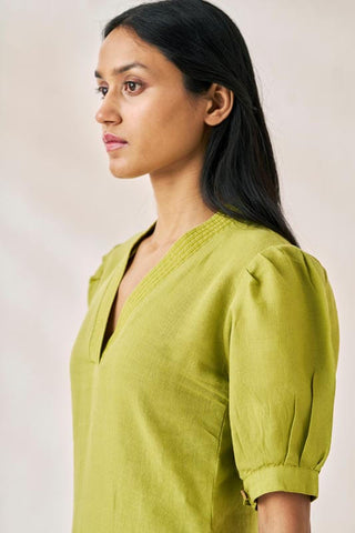 V-Neck Side Slit Dress Kiwi Green - Chi Linen