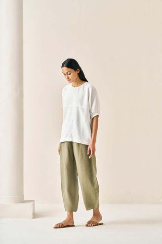 Pleated Top and Harem Pants Co-Ord Set White and Olive - Chi Linen