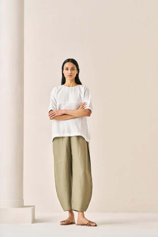 Pleated Top and Harem Pants Co-Ord Set White and Olive - Chi Linen