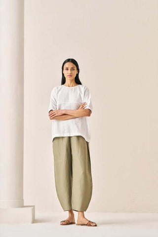 Pleated Top and Harem Pants Co-Ord Set White and Olive - Chi Linen