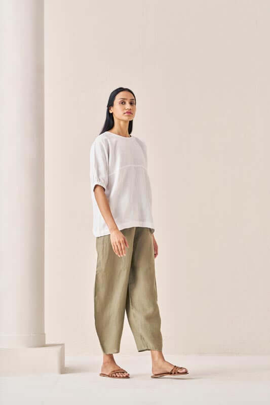 Pleated Top and Harem Pants Co-Ord Set White and Olive - Chi Linen