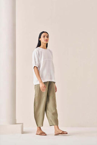 Pleated Top and Harem Pants Co-Ord Set White and Olive - Chi Linen