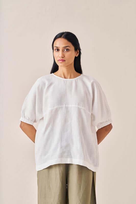 Pleated Top and Harem Pants Co-Ord Set White and Olive - Chi Linen