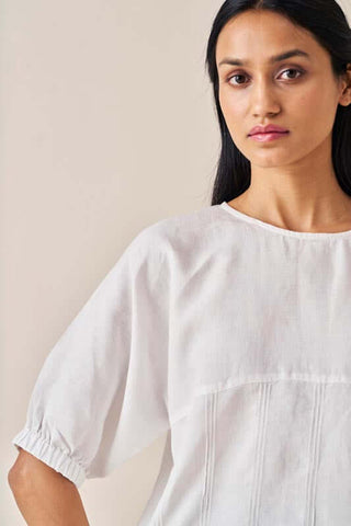 Pleated Top and Harem Pants Co-Ord Set White and Olive - Chi Linen