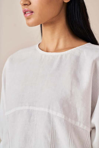 Pleated Top and Harem Pants Co-Ord Set White and Olive - Chi Linen