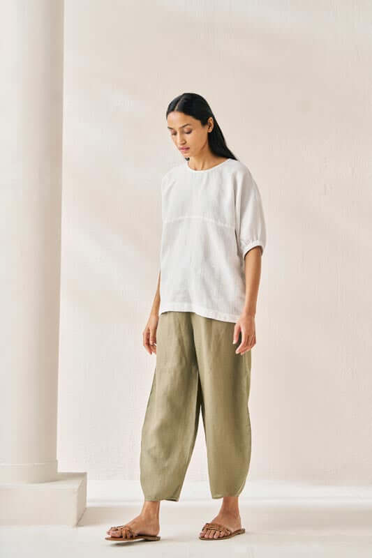 Pleated Top and Harem Pants Co-Ord Set White and Olive - Chi Linen