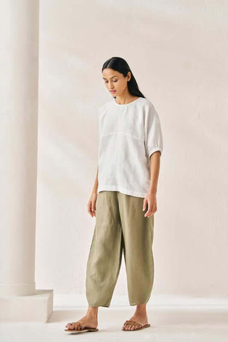 Pleated Top and Harem Pants Co-Ord Set White and Olive - Chi Linen