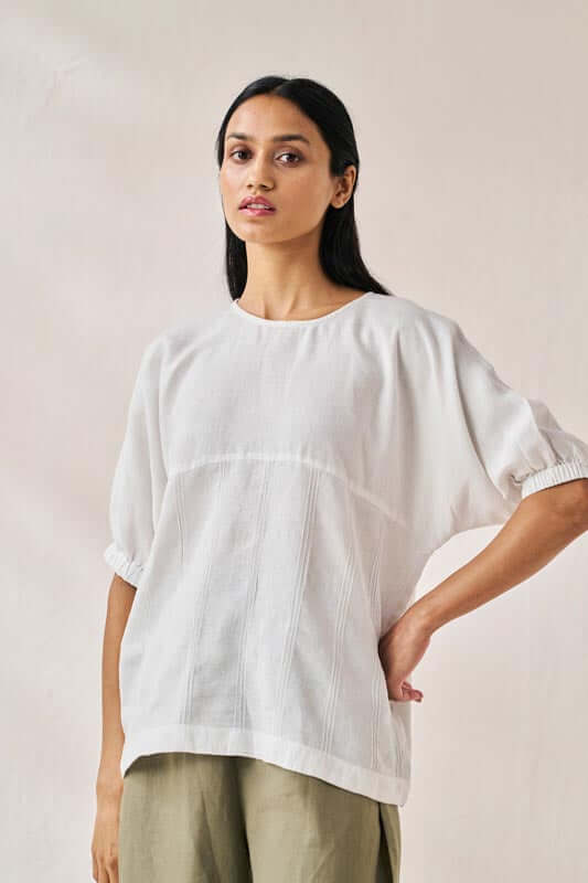 Pleated Top and Harem Pants Co-Ord Set White and Olive - Chi Linen