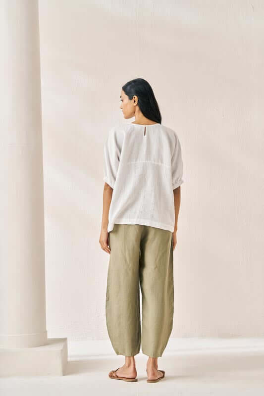 Pleated Top and Harem Pants Co-Ord Set White and Olive - Chi Linen