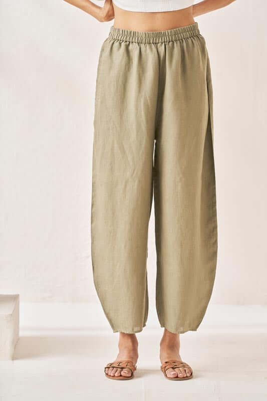 Pleated Top and Harem Pants Co-Ord Set White and Olive - Chi Linen