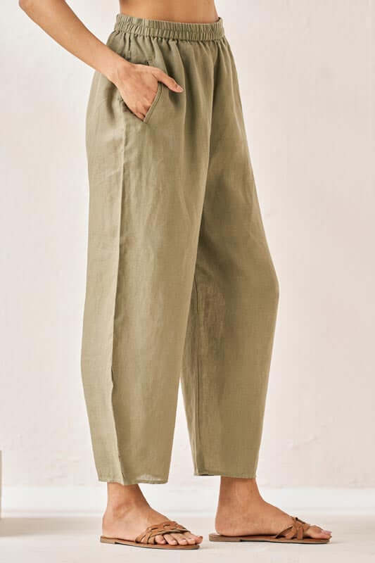 Pleated Top and Harem Pants Co-Ord Set White and Olive - Chi Linen
