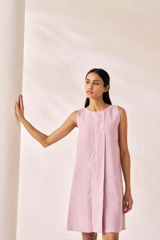 Sleeveless Box Pleat Dress Cameo Pink - Chi Linen