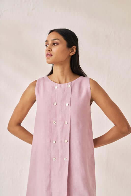 Sleeveless Box Pleat Dress Cameo Pink - Chi Linen