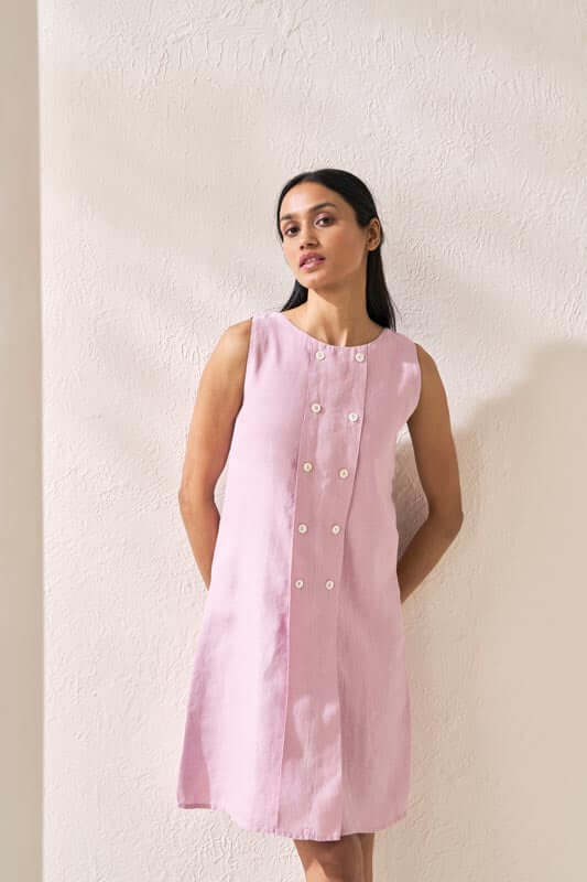 Sleeveless Box Pleat Dress Cameo Pink - Chi Linen