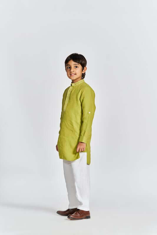 Kiwi Green Stand Collar Kurta Set - Chi Linen