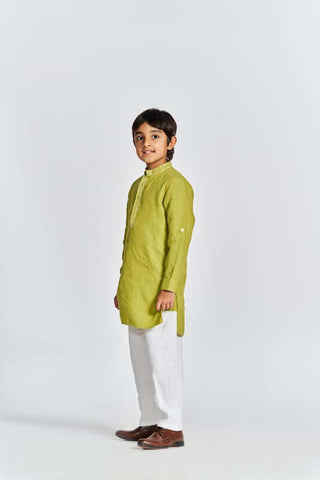 Kiwi Green Stand Collar Kurta Set - Chi Linen