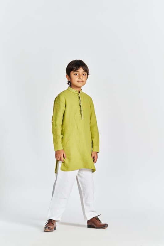 Kiwi Green Stand Collar Kurta Set - Chi Linen