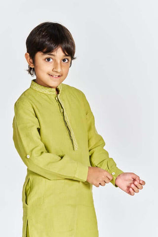 Kiwi Green Stand Collar Kurta Set - Chi Linen