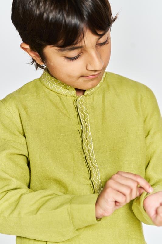Kiwi Green Stand Collar Kurta Set - Chi Linen