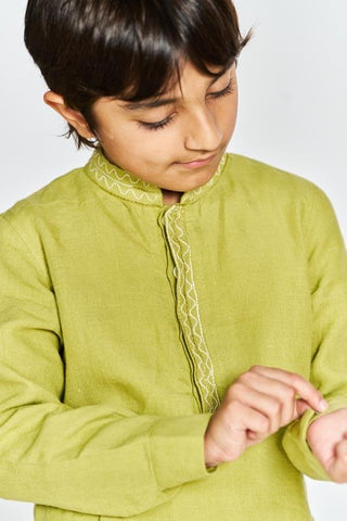 Kiwi Green Stand Collar Kurta Set - Chi Linen