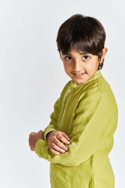 Kiwi Green Stand Collar Kurta Set - Chi Linen