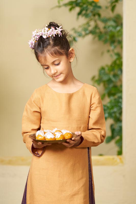 Sand Brown Beaded Kurta Set - Chi Linen