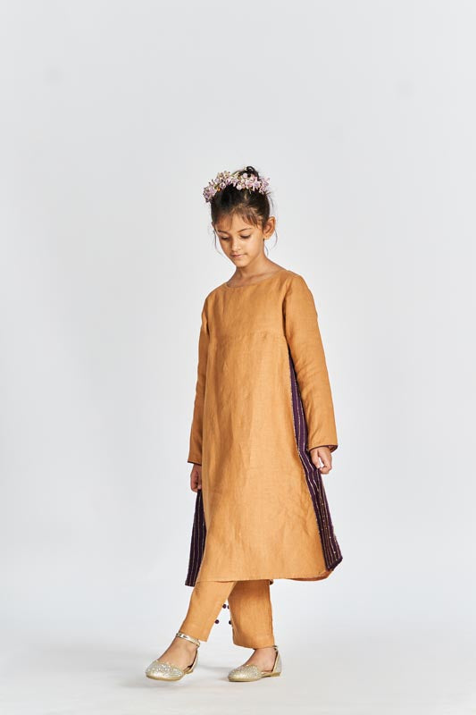 Sand Brown Beaded Kurta Set - Chi Linen