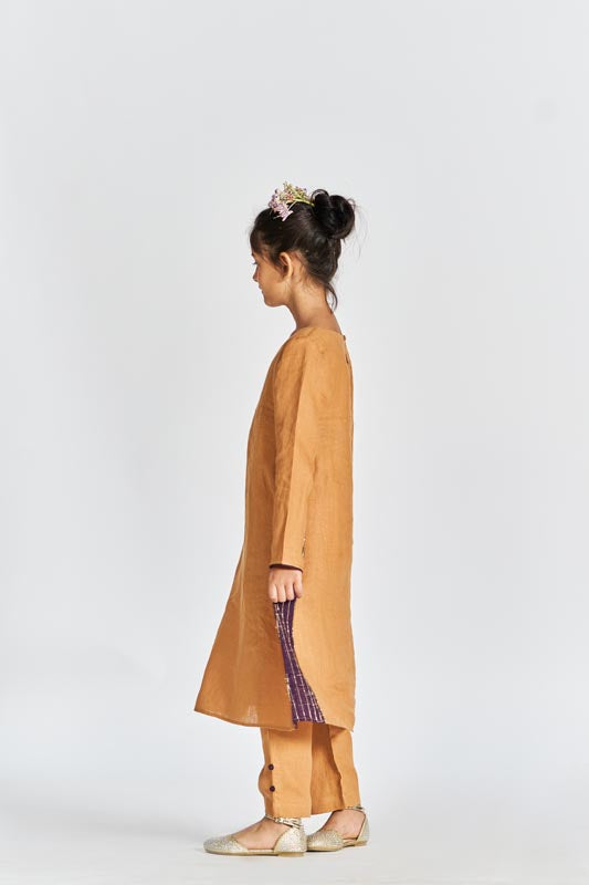 Sand Brown Beaded Kurta Set - Chi Linen