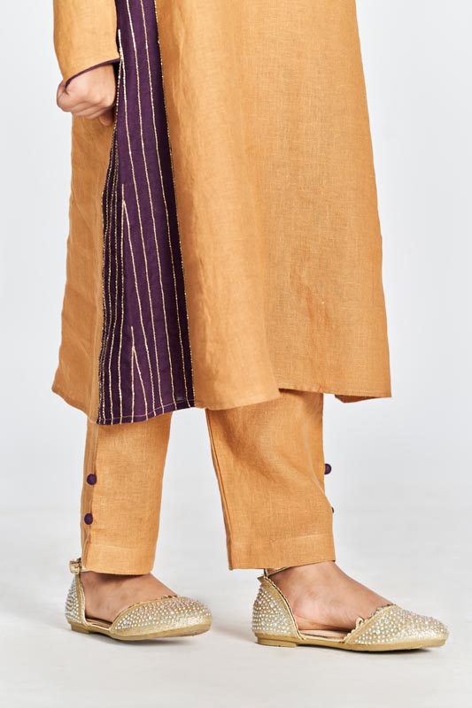 Sand Brown Beaded Kurta Set - Chi Linen