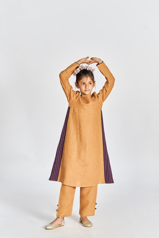 Sand Brown Beaded Kurta Set - Chi Linen