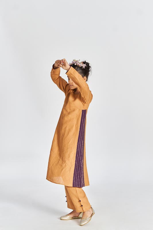 Sand Brown Beaded Kurta Set - Chi Linen