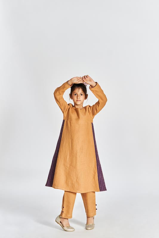 Sand Brown Beaded Kurta Set - Chi Linen