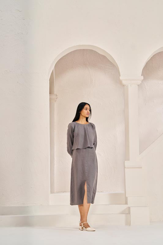 2 Layer Front Slit Dress Stone Grey - Chi Linen