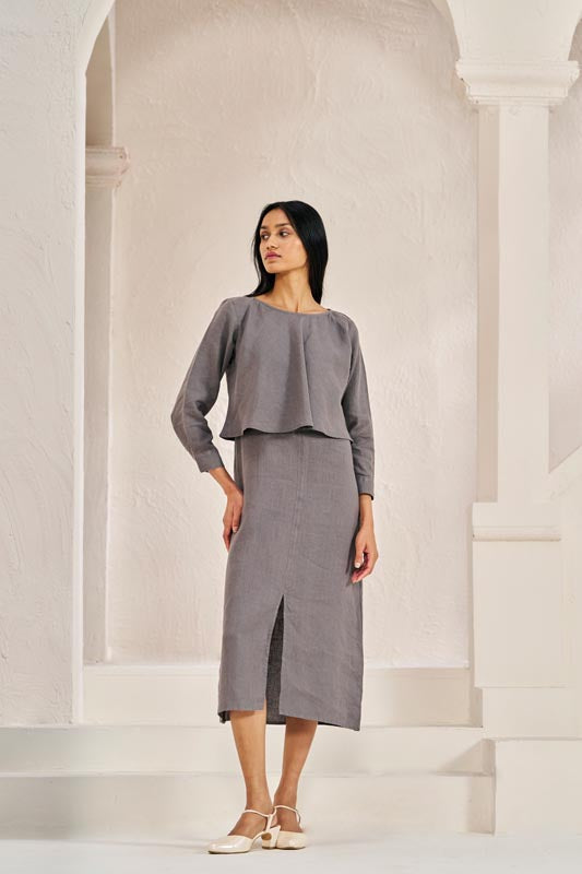2 Layer Front Slit Dress Stone Grey - Chi Linen